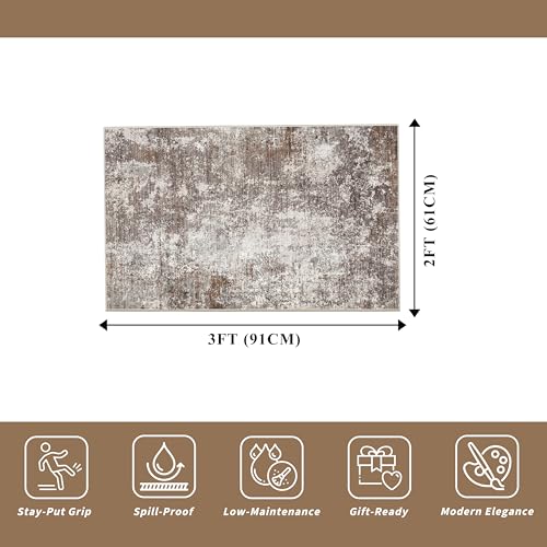 2x3 Washable Non-Slip Area Rug – Small Throw Rug for Kitchen, Entryway, Bedroom, Bathroom – Modern Abstract Neutral Soft Low Pile Thin Indoor Door Mat (Brown Beige,2x3) - color: Brown Beige, size: 2' x 3' (Rectangular)