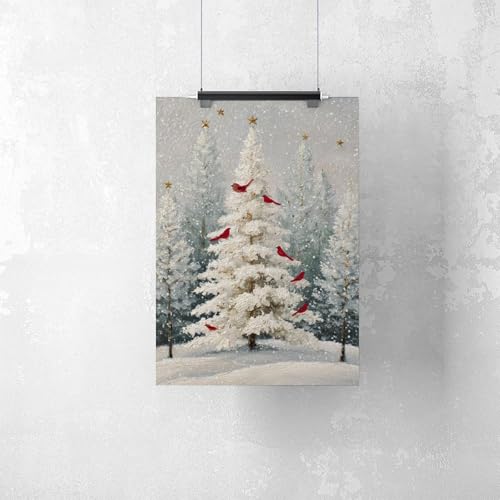 JDBeehpy Snowy Christmas Tree Wall Art Red Birds Frameless Canvas Print Poster Peaceful Winter Home Decor Painting Livingroom Fireplace Mural 08x12inch(20x30cm) - color: Christmas Tree Unframe, size: 12L" x 8W"