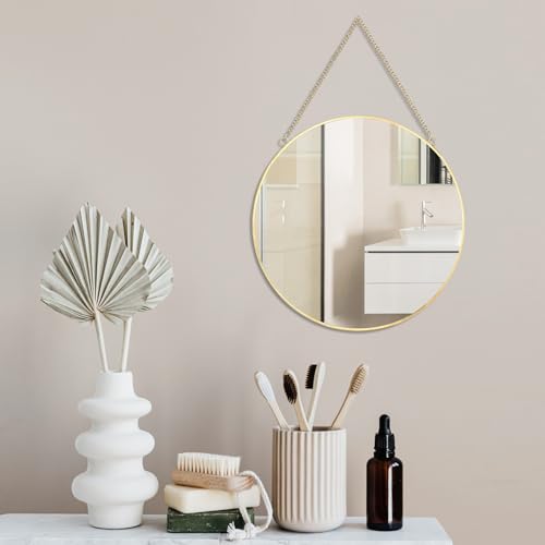 LONGWIN Hanging Wall Circle Mirror Decor Gold Geometric Mirror with Chain for Bathroom Bedroom Living Room 11.8" - size: 11.8"L x 11.8"W