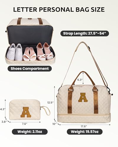 Girls/Kids Initial Duffle Bag with Shoe Compartment, Kids Personalized Travel Bags with Makeup Bag for Women with Trolley Sleeve & Wet Pocket, Gifts for Teenage Girl(Letter E) - color: Beige, style: E