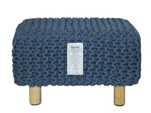 COTTON CRAFT Braided Footrest - Handknitted Dori Foot Stool with Sturdy Wood Legs – Handmade Boho Leg Rest - Small Spaces Under Desk Living Room Entryway Low Footstool Pouf - 16.5x12x9.5 - Blue - color: Cotton - Blue