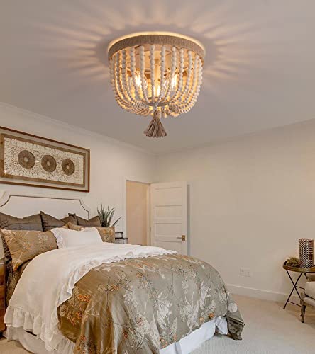 AMZASA Boho Flush Mount Ceiling Light Wooden Beaded Hepm Rope Oak Withe Farmhouse Beaded Chandelier Light Fixture 3 Lights for Nursery Bedroom Hallway Entryway - color: Hemp Rope