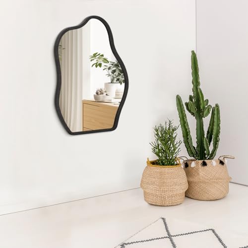 Asymmetrical Irregular Mirror for Wall Wooden Framed Hanging Wall Mirror Cloud Modern Unique Bathroom Wall Mirror Decorative Bedroom Living Room Entryway Hallway Artistic Hanging Mirror - color: Dark Golden, size: 26"L x 18"W