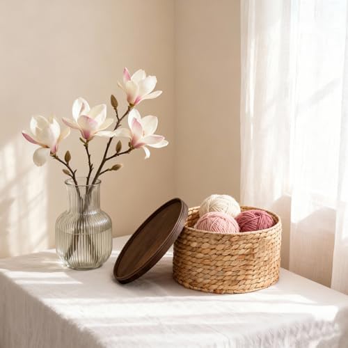 Water Hyacinth Storage Basket with Wooden Lid, 10.2" D x 5.1" H Handwoven Round Organizer for Shelf, Closet & Pantry (Medium) - size: Medium