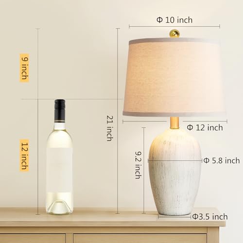 AIEAMPDO 21'' Set of 2 Rustic Ceramic Small Table Lamps for Living Room Bedroom, Farmhouse Vintage Nightstand Lamps for Office Entryway End Table, 2 Bulbs Included - color: Antique White