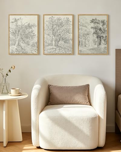 KUVIOKE Vintage Tree Framed Wall Art Retro Antique Forest Drawings Nature Wilderness Sketch Wall Painting Modern Landscape Decor 12x16in (Natural Framed) - color: Vintage Trees, size: 12 x 16in x 3 Panels Natural