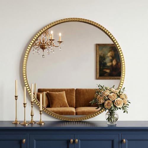 Large Beaded Round Gold Mirror 32" – Metal Frame Circle Wall Mirror, Simple Modern Accent Mirror for Bathroom, Vanity, Entryway, Living Room - color: Simple - 32"l X 32"w