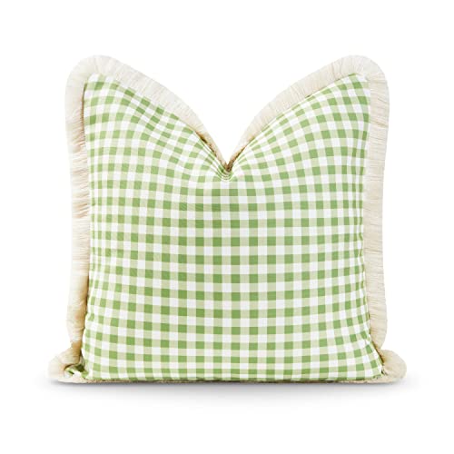 Hofdeco Premium Coastal Patio Indoor Outdoor Pillow Cover Only, 20"x20" Water Resistant for Backyard, Couch, Green Gingham Fringe (Pack of 2) - color: Green Plaid 20"x20", size: 20" x 20" (Pack of 2)