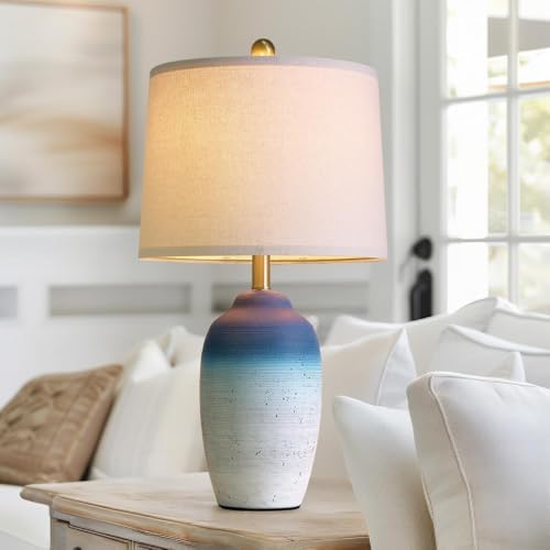 USumkky 24.5" Vintage Ceramic Table Lamp with 5FT Cord - Single Farmhouse Rustic Bedside Lamp with Natural Textured Finish, Nightstand Lamps for Living Room, Bedroom, End Table, Office White and Blue - color: 24.5" Office White & Blue