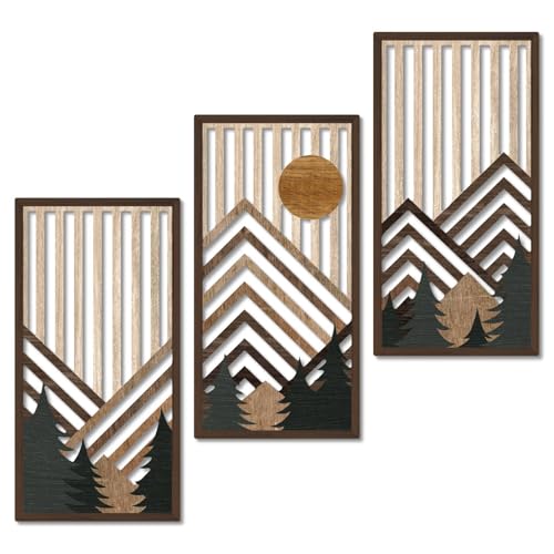 Putuo Decor Boho Mountain Wall Art Set of 3, Rustic Wooden Wall Decor, Nature-Inspired Geometric Artwork, Mid-Century Modern Aesthetic for Living Room, Bedroom, Office Brown 16.5 x 8.6 inch - color: Brown