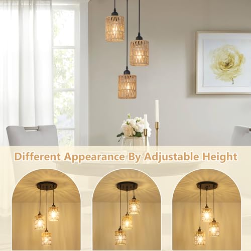 LAMSU 3 Lights Rattan Pendant Light, Farmhouse Dining Room Light Fixtures Ceiling Hanging, Boho Pendant Lighting with Hand Woven Wicker Shades for Kitchen Island Living Room Bedroom Foyer Hallway - size: 3 Lights
