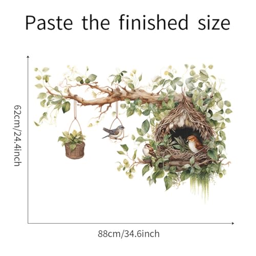 Bird Nest and Tree Branch Wall Decal, Decorative Vinyl Large Tree Branch Wall Sticker with Hanging Basket Design, Nature-Inspired Birds Nests Room Decor (Cute Bird Nest)