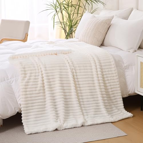 Cream White Sherpa Fleece Throw Blanket 50”×60” for Couch Sofa Bed, Double Side Soft Fuzzy Cozy Plush Thick Flannel Blanket with Striped Design Gift for Adults,Woman,Girls - color: Cream White, size: 50×60inch