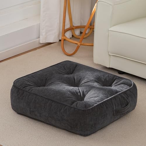 HIGOGOGO 6" Extra Thick Floor Pillow Cushion for Adults, Meditation Cushion Pillow with Handle, Lustrous Chenille Tufted, Square Floor Sitting for Tatami Living Room or Yoga, 22x22 Inch, Dark Grey - color: Square Dark Grey, size: 6" Thick(Pack of 1)