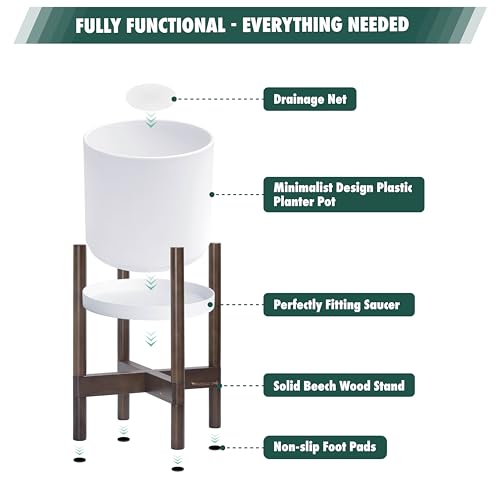 D'vine Dev Planter Pot with Stand - 8 Inch Plastic Cylinder Flower Pot with Wood Planter Holder for Indoor, Matte White Pot + Walnut Color Stand, 55-C-I-1 - color: Matte White Pot + Walnut Color Stand, size: 8 Inch