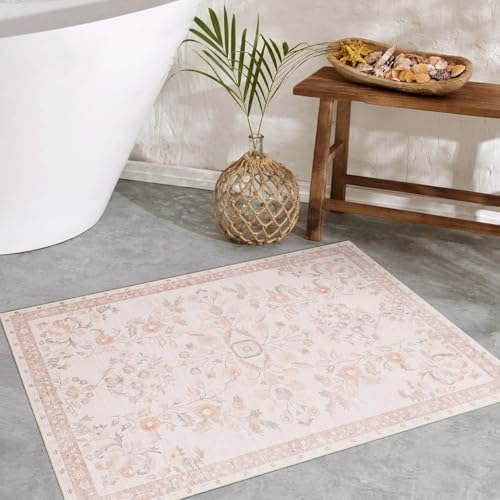 MUJOO Small Rug Washable,Pink 2x3 Area Rugs for Entryway,Floral Front Door Mat Indoor Entrance Entry Way,Boho Kitchen Bathroom Floor Rug Throw Carpet Non Slip Low Pile Vintage - color: Pink, size: 2' x 3' (Rectangular)