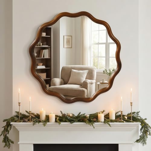 36" Wavy Round Wall Mirror with Solid Wood Frame, Country Irregular Decorative Mirror for Bathroom, Bedroom, Living Room & Entryway, HD Tempered Glass, No Distortion Vanity Mirror (Walnut,36“) - color: Walnut, size: 36"L x 36"W