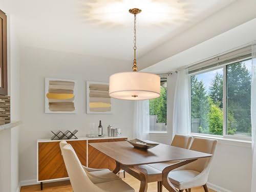 Shrine Lighting Drum Chandeliers, Farmhouse Style, Perfect Drum Pendant Light for Dining Room, D20'' x H8'', Adjustable Chains 59'', E26*3 Sockets, White Linen Fabric Lampshade & Gold Rod - color: Gold Rod&White Shade D20''