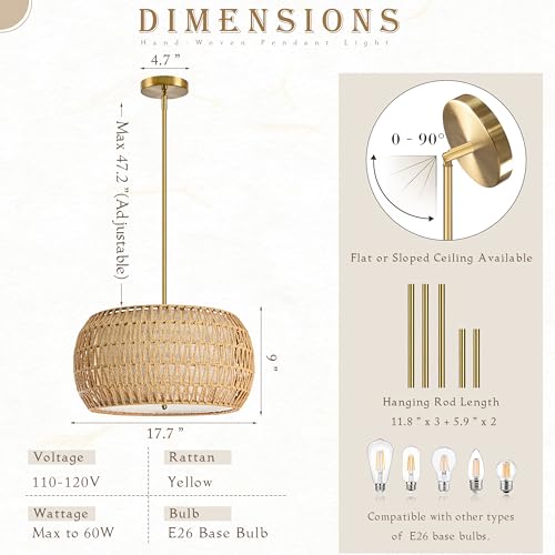 18 inch Natural 3 Light Rattan Chandelier Rattan Farmhouse Light Fixture Woven Pendant Lights Fabric Shade Boho Chandelier for Kitchen Dinning Room - color: 18"-Natural-Drum