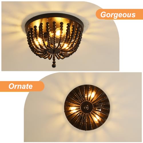 Black 14.1 inch Boho Chandelier,3-Light Wood Beaded Chandelier Light Fixture Bohemia Draped Bead Chandelier, Flush Mount Ceiling Light Fixture for Dinning Room Bedroom Hallway - color: Black 14.1"