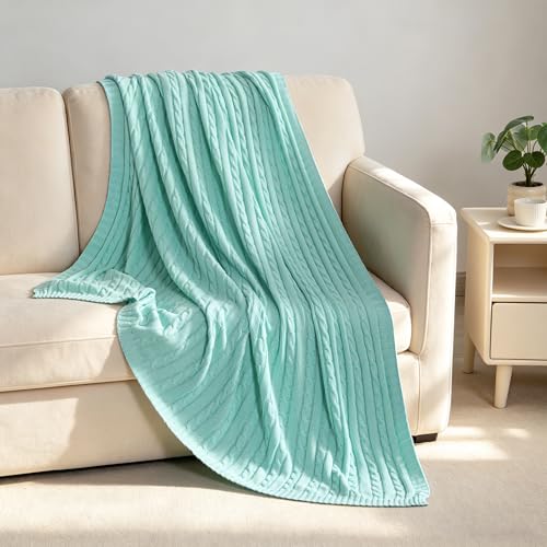 NTBAY 100% Pure Cotton Cable Knit Throw Blanket, Super Soft Warm 51x67 Knitted Throw Blanket for Couch, Sofa, Chair, Bed - Extra Cozy, Machine Washable, Comfortable Home Decor, Mint - color: Mint, size: Throw(51"x67")