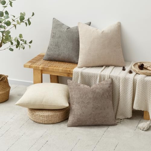 MIULEE Pack of 4 Couch Throw Pillow Covers 18x18 Inch Neutral Beige/Brown Soft Decorative Chenille Pillow Covers Farmhouse Accent Cushion Covers for Boho Spring Home Decor Sofa Bedroom Living Room - color: Neutral Beige/Brown, size: 18" x 18" (Pack of 4)