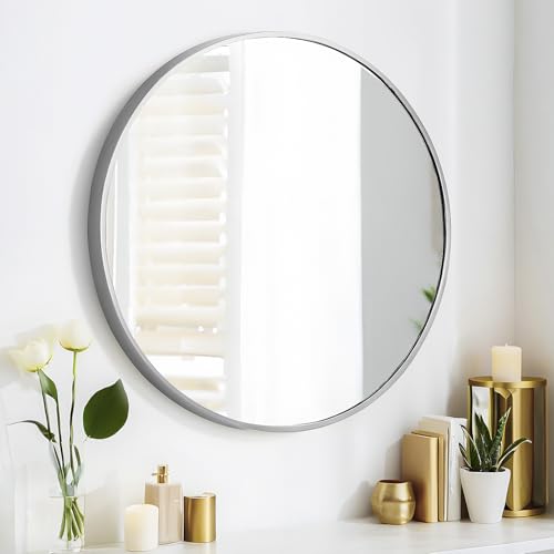 SCWF-GZ 24" Round Mirror Circle Wall Mounted Hanging or Against Wall Aluminum Alloy Metal Frame Dressing Make-up Mirrors for Entryway Bedroom Bathroom Living Room 24 inch Silver - color: Silver, size: 24"L x 24"W