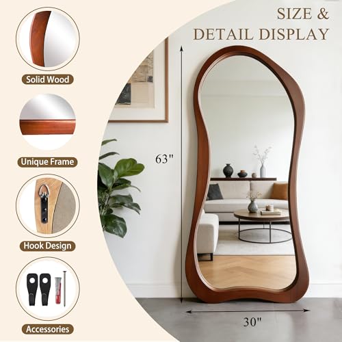 Large Irregular Mirror, 63"x30" Organic Floor Mirror with Solid Wood Frame, Asymmetrical Aesthetic Mirrors for Entryway Hallway Bedroom Cloakroom Living Room, Leaning/Wall-Mounted - color: Walnut Wood Frame, size: 63"L x 30"W
