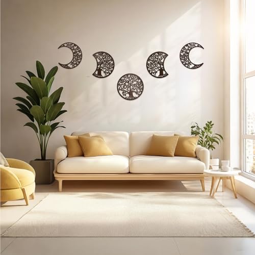 ASMANNA 5 Pcs Tree of Life Wall Art Moon Phase Wall Decor Wooden Wall Hanging Mandala Moon Decor Bohemian Lunar Aesthetic Art for Bedroom Living Room Dorm Apartment Office(Brown) - color: Brown2