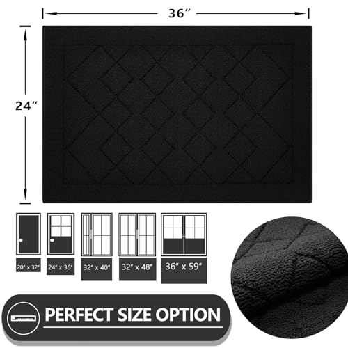 REFETONE Indoor Doormat, Front Back Door Mat 24"x36" Rubber Backing Non Slip Mats, Absorbent Washable Entrance Doormat for Entryway, Resist Dirt Low-Profile Inside Floor Mat for Muddy Shoes, Black - color: Big Plaid Black, size: 2' x 3' (Rectangular)