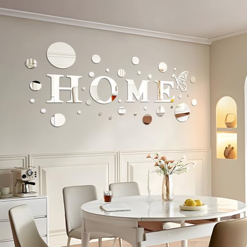JEPELUS 37 Pieces 3D Mirror Wall Decor Home Sign Letters and Round Shape, Acrylic Acrylic Mirror Wall Stickers Decorative Art Decals for Home Living Room Bedroom Farmhouse Decoration (Silver)