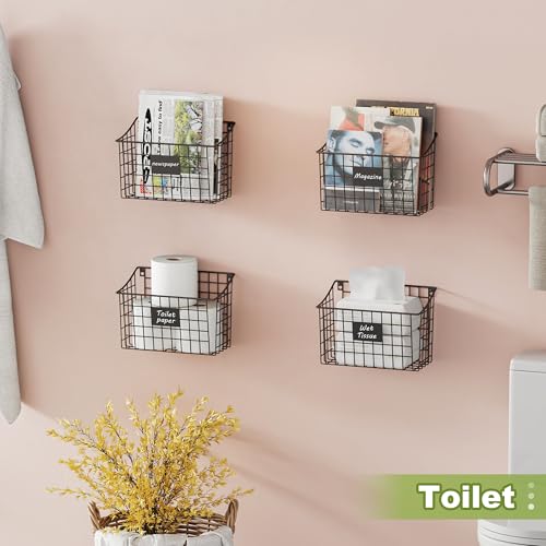 Wall Basket with Label Plate & 5 S-Hooks –4 Pack Hanging Wire Basket for Organizing, Wall Storage for Kitchen, Bathroom, Pantry, Laundry, RV – Hanging Wall Basket, Metal - size: 4 Pack