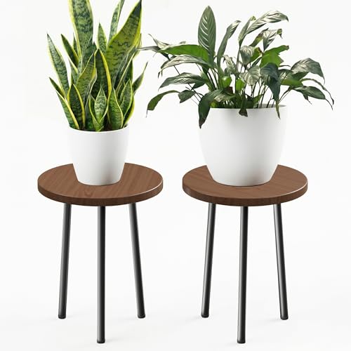 Plant Stand Indoor 14'': Indoor Plant Stand 2 Pack Metal Plant Table - Wood Plant Stool Outdoor Small Round Side End Table Mid Century Modern Decor - Home Decor - color: Walnut, size: 14"&14"