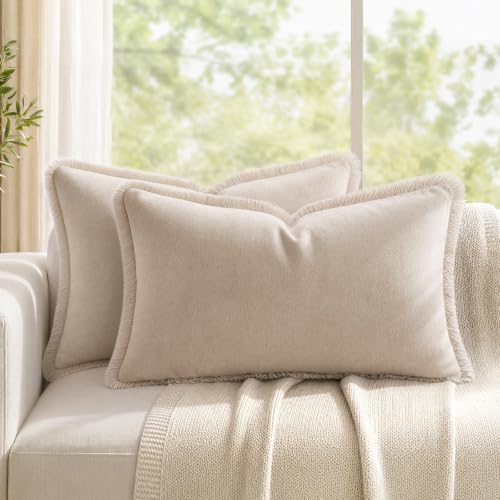 HOMEIDEAS Neutral Beige Velvet Throw Pillow Covers 20x12 Set of 2, Luxury Decorative Pillow Covers with Short Fringe Tassels, Modern Farmhouse Boho Cushion Covers for Sofa Couch Bed Home Decor - color: Beige, size: 20" x 12" (Pack of 2)
