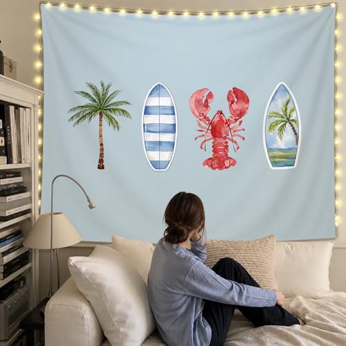 SkyCozy Blue Surf Coastal Beach Wall Tapestry,Surf Board Room Decor, Summer Coastal Preppy Trendy Retro East Coast Coquette Surfboard Crawfish Tapestry Decor for Girls Room College, 50x60 Inch - color: 01- Surf Coastal Tapestry(Blue)