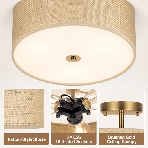 13" Boho Woven Rattan Ceiling Light Fixture, 3-Light Semi Flush Mount Modern Drum Lamp with Beige Fabric Shade, Rustic Lighting for Bedroom, Living Room, Dining Room, Hallway and Entryway - color: Warm Beige