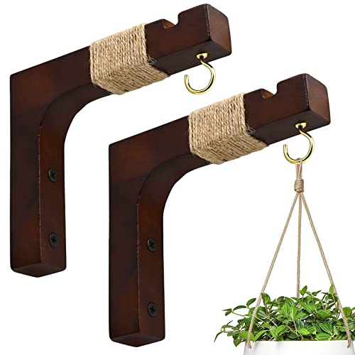 Plant Hanger Hooks for Indoor Hanging Plants, 2 Pack Rustic Farmhouse Wooden Hanging Basket Wall Bracket Plant Hooks for Indoor Outdoor Flower Pots Lanterns Wind Chime Balcony Light Garden Decoration - color: Brown