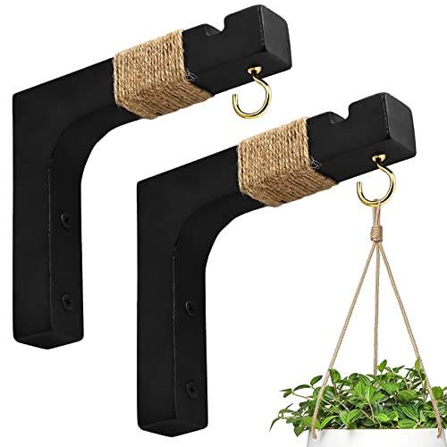 2 Pack Plant Hanger Hooks for Indoor Hanging Plants, Farmhouse Wooden Hanging Basket Wall Hooks for Outdoor Flower Pots Lanterns Wind Chime Lights Garden Decoration - color: Black