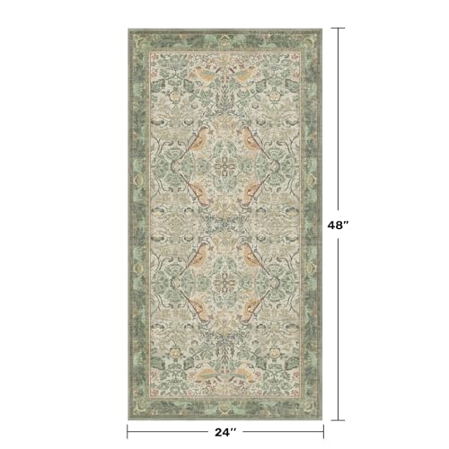 Washable Sage Green Floral Rugs for Entryway - Small 2x4 Runner Rug for Kitchen Bathroom Door Mat Indoor Entrance with Bird & Botanical Pattern, Light Green and Beige, Non Slip Low Pile - color: Sage Green, size: 2' x 4' (Rectangular)