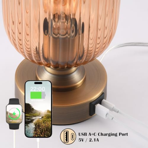 Mid Century Glass Table Lamp,Dimmable Desk Lamp,LED Bulb Included,Touch Control & USB A+C Port,Cognac Amber Ribbed Glass - color: Amber Ribbed, size: USB + Touch