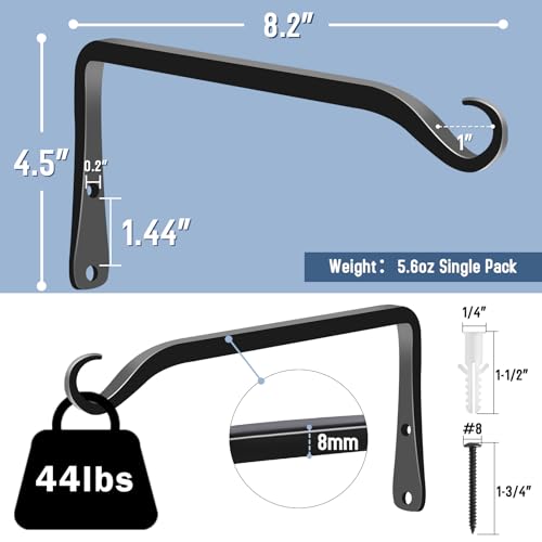 FEED GARDEN 2 Pack 8 Inch Hanging Plant Bracket Wall Hooks Decorative Plant Hangers for Outdoor Hanging Bird Feeders, Wind Chimes, Plant Baskets, Black - color: Black-L, size: 8 Inch