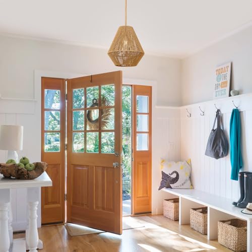 LynPon 12“ Boho Rattan Pendant Light with Rod Hanging, Natural Handwoven Boho Hanging Lamp, Rustic Farmhouse Rattan Chandelier for Dining Room Kitchen Island Bedroom Hallway Foyer Bathroom - color: 12" Wood Tone