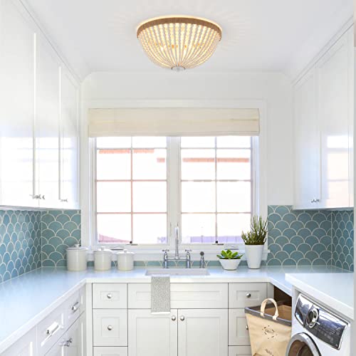 Dia 14.96" Boho Flush Mount Light Fixture Wood Bead, Farmhouse Chandelier, Antique Rustic Ceiling Light Fixture for Kitchen Hallway Entryway Laundry Bedroom Nursery Passway