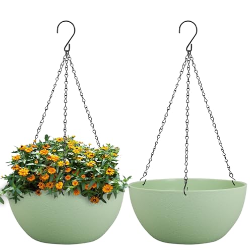 WSMKSZ 13 inch Large Hanging Planters Plant Pots for Outdoor Indoor Plants with Drainage Holes and Chain, 2 Pack Round Hanging Flower Pots for Garden Home Porch Decor, Green - color: Green, size: 13inch 2pcs