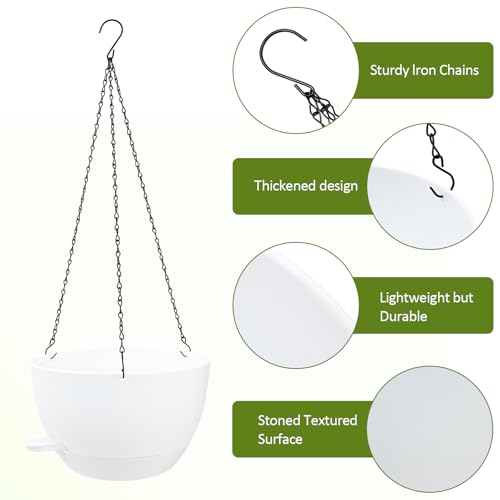 WOUSIWER Self Watering Hanging Planters, 2 Pack 12'' Plastic Pots with Drainage Holes & Reservoir Tray (White) | Indoor & Outdoor Use for Ferns, Ivy, Herbs, Succulents - color: White, size: 2 Pack 12 inches