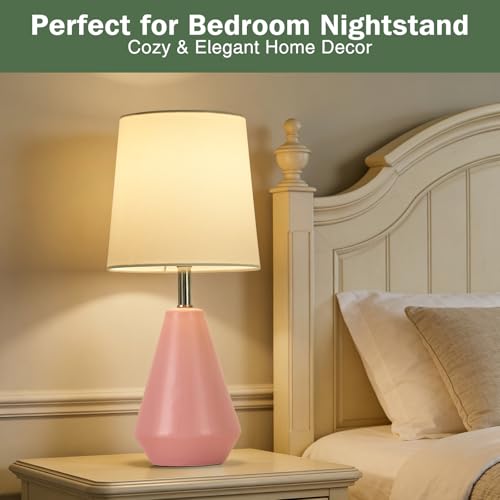 Small Bedside Table Lamp for Bedroom - Reading Desk Lamp with 3 Color Temperatures，15.5" Nightstand Ceramic Lamp with Fabric Shade for Kids Room,Living Room,Dorm,Home Office (Pink) - color: Pink, size: 15.5"