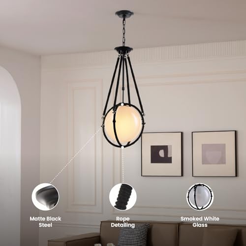 Voyager 1-Light Matte Black Pendant, Hanging Pendant Light with Rope Detailing & Smoked Glass Shade in Modern Industrial Style, Adjustable Hanging Length & Sloped Ceiling Adaptable - color: Voyager - 1 Light