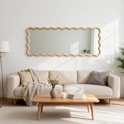 sawsile Large Full Length Mirror,18x48 inch Wood Asymmetrical Bathroom Modern Rectangle Wave Vanity Farmhouse Full Body Mirrors for Bedroom Living Room Entryway Hallway Fireplace - size: 48"L x 18"W
