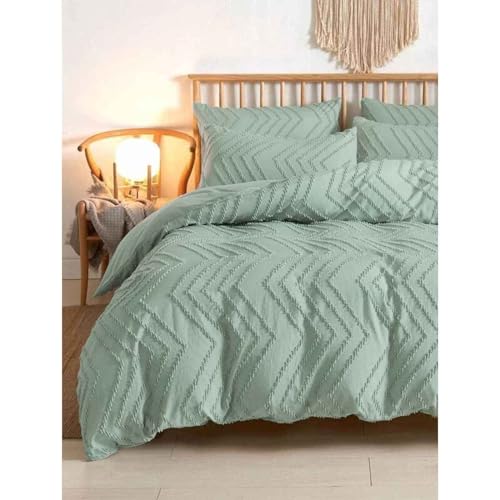Nanko Sage Green Duvet Cover Queen Size, 3pc Boho Tufted Microfiber Bedding Comforter Cover Set, All Season Aesthetic Shabby Chic Soft Embroidery Textured Geometric Quilt Cover (90x90) - color: Cover(not Comforter)-sage Green Tufted, size: Queen