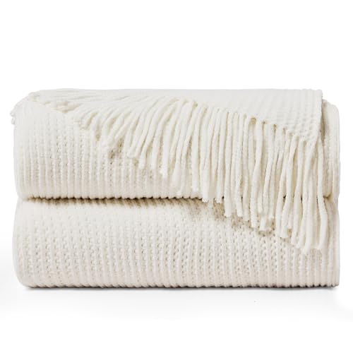 inhand Throw Blanket for Couch Bed,Chunky Chenille Woven Soft Blankets with Tassels,Cozy Boho Farmhouse Fall Winter Decor,Warm for Women,50"x60",Extra Thick-Off White - color: Ba（ex Thick-off White）, size: 50"x60"